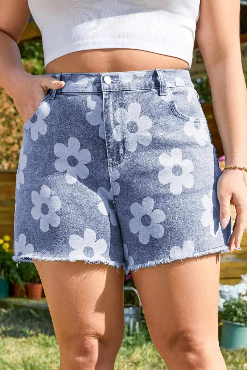 Ashleigh Blue Floral Pattern High Waist Raw Hem Plus Size Denim Shorts - Love Salve
